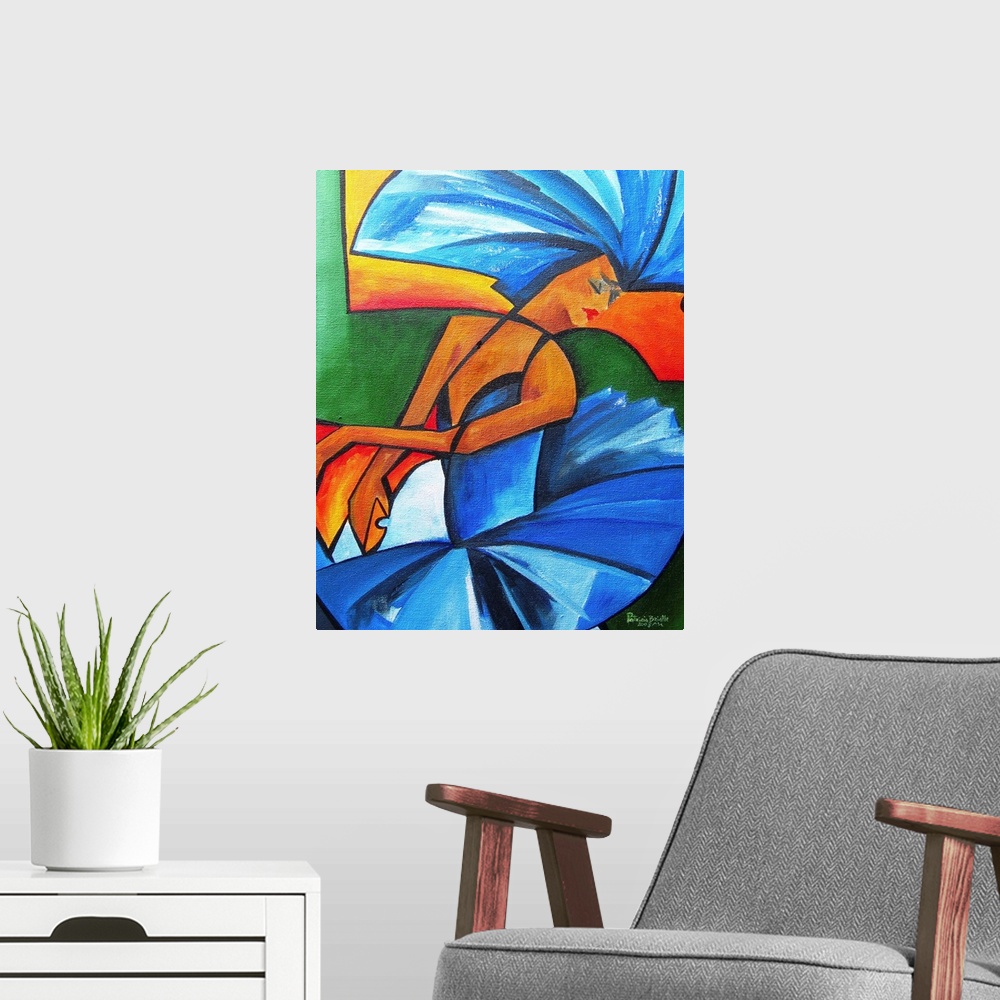 A modern room featuring Contemporary abstract painting of a dancer in a blue costume.