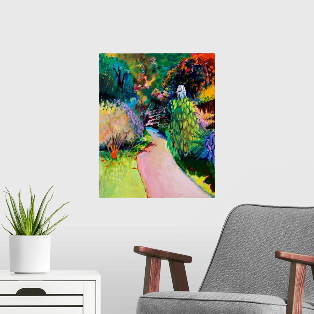 A modern room featuring Contemporary painting of a path leading into a vibrant colorful garden.