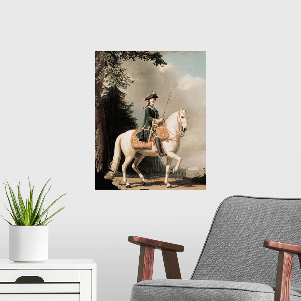 A modern room featuring XIR63975 Equestrian Portrait of Catherine II (1729-96) the Great of Russia (oil on canvas); by Er...