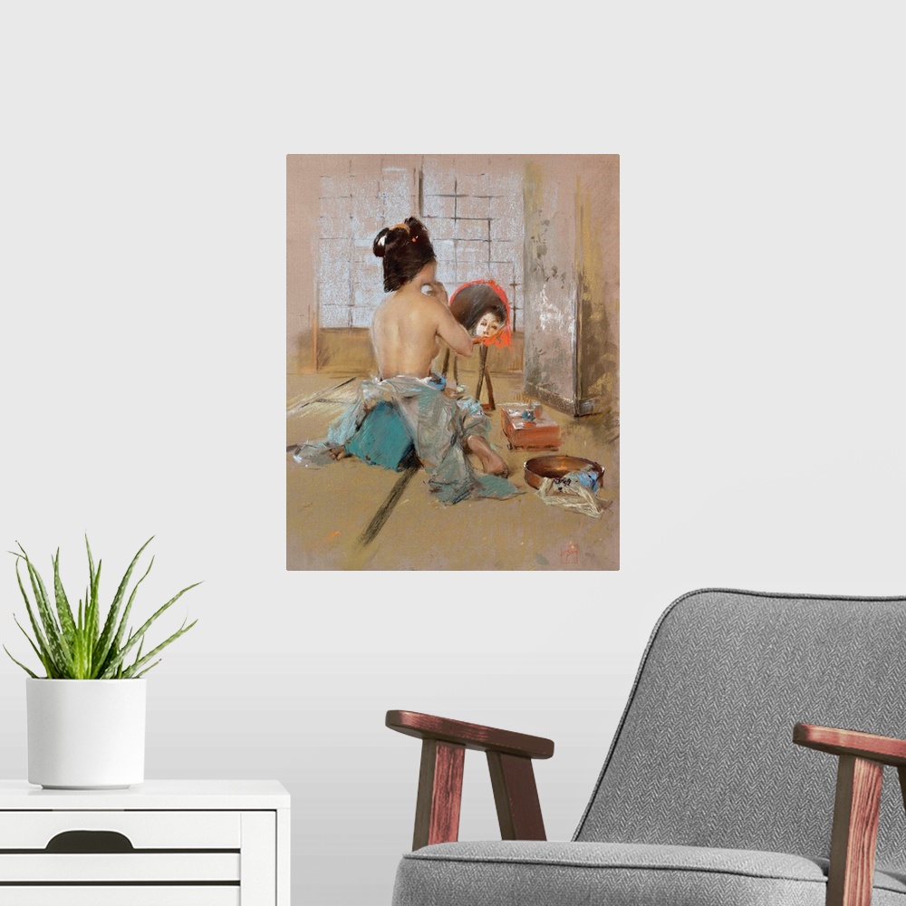 A modern room featuring Geisha at her Toilet (pastel on paper laid down on board)