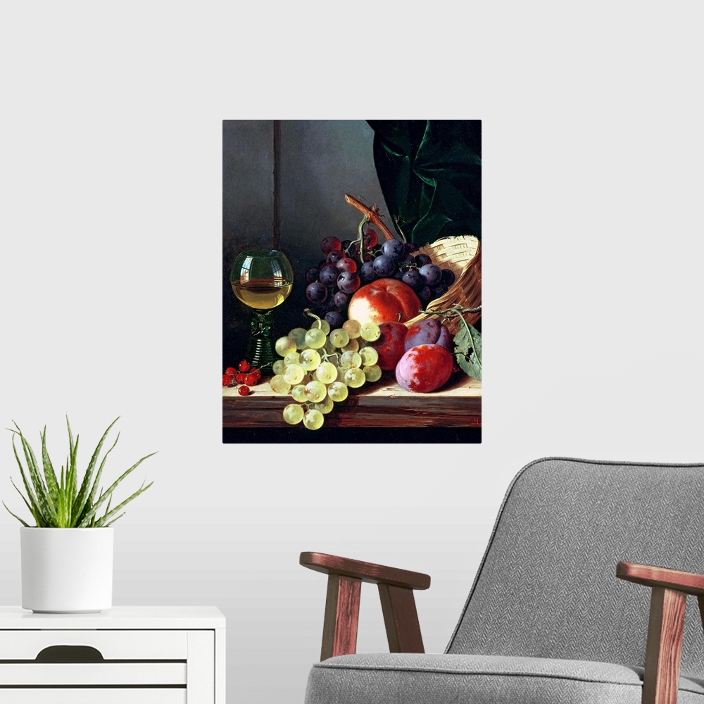 A modern room featuring Painting of a basket of fruit and a glass on wine on a table.  Some of the fruit included are pea...