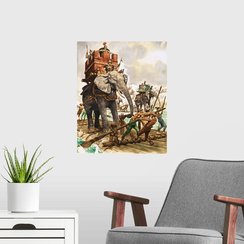 A modern room featuring The History of Our Wonderful World: Hannibal of Carthage. Hannibal and his elephants crossing a r...