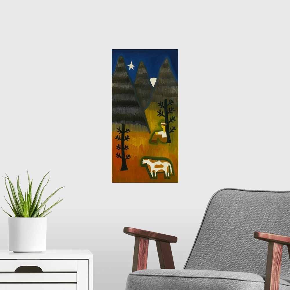 A modern room featuring Contemporary painting of a man sitting in the forest with a cow at night.