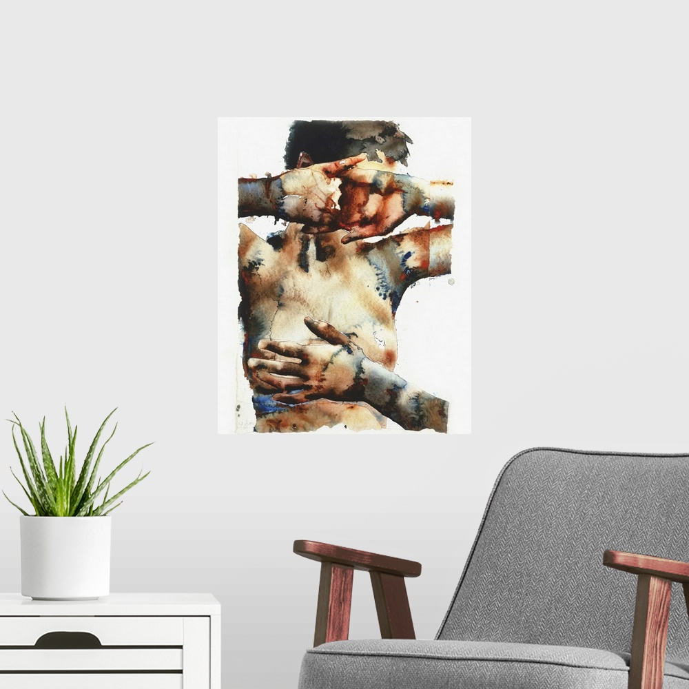 A modern room featuring Contemporary watercolor painting of a nude female figure with her hands over face and a hand from...