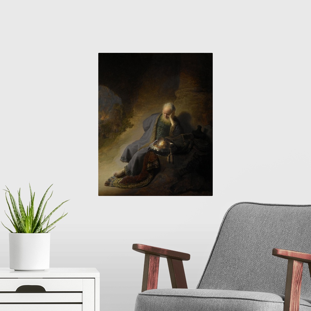 A modern room featuring Painting by Rembrandt of Jeremiah Lamenting of the destruction of Jerusalem.