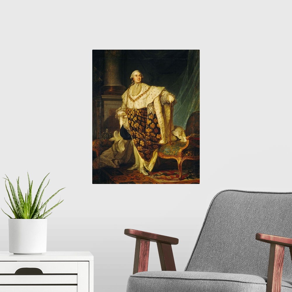 A modern room featuring XIR152731 Louis XVI (1754-93) King of France in Coronation Robes, 1777 (oil on canvas) by Dupless...