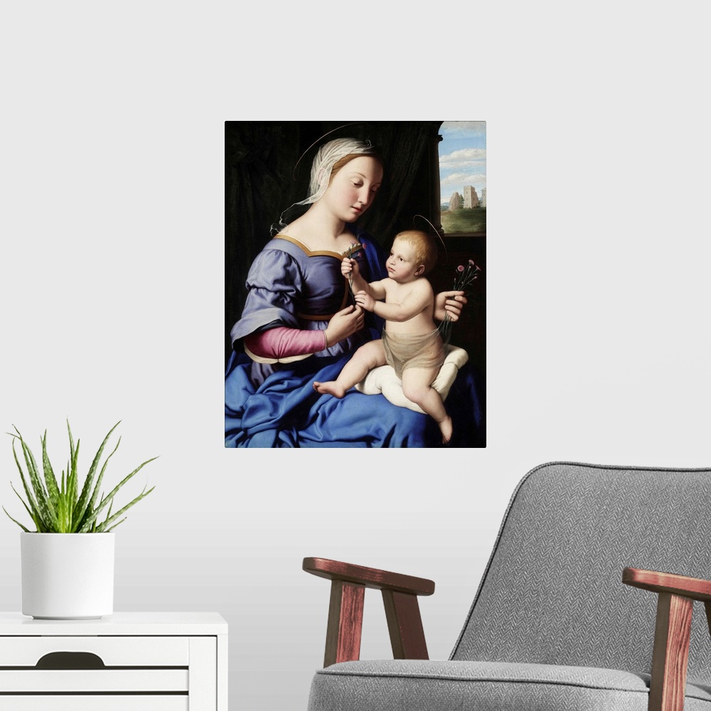 A modern room featuring Madonna and Child