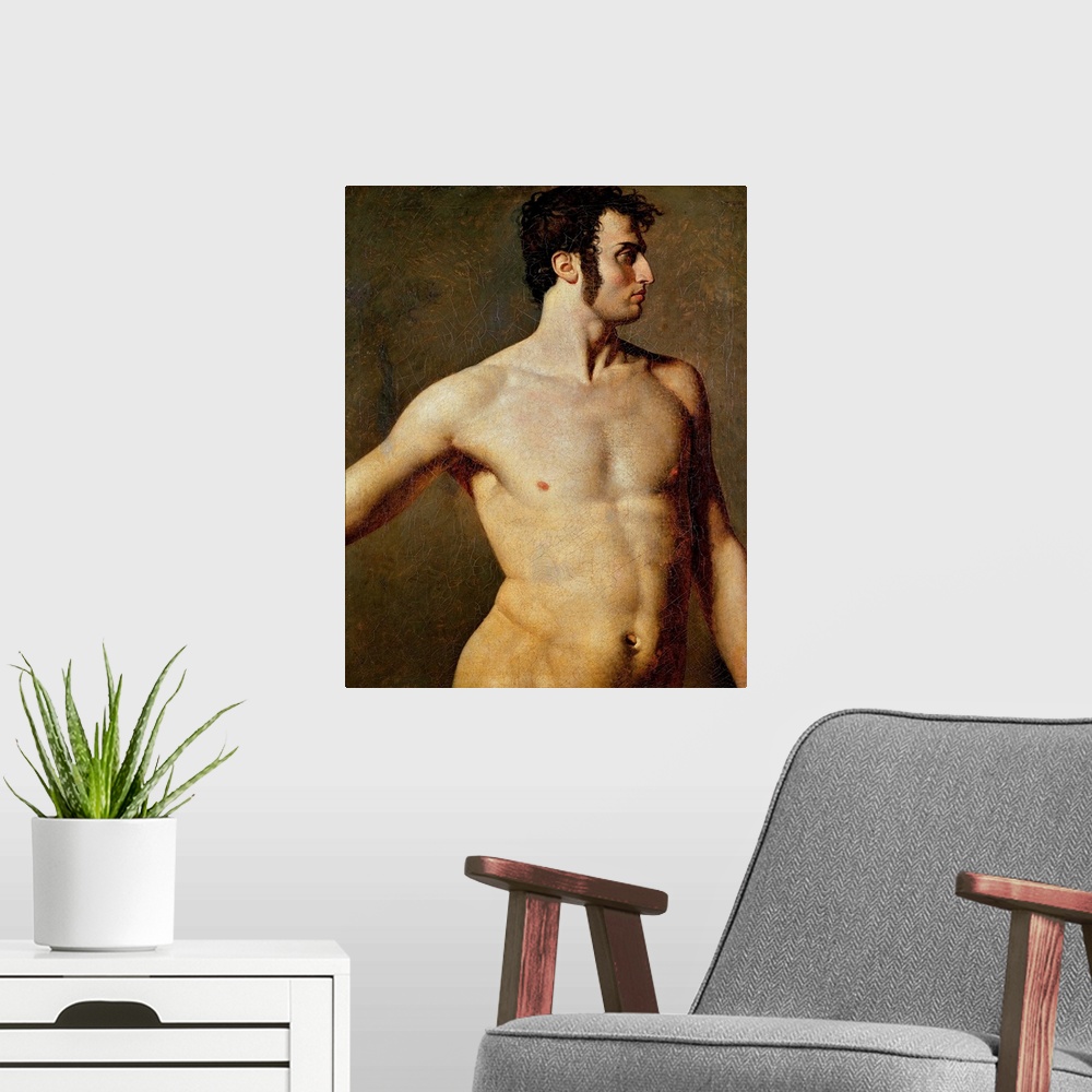 A modern room featuring Male Torso, c.1800 (originally oil on canvas); by Ingres, Jean Auguste Dominique (1780-1867).