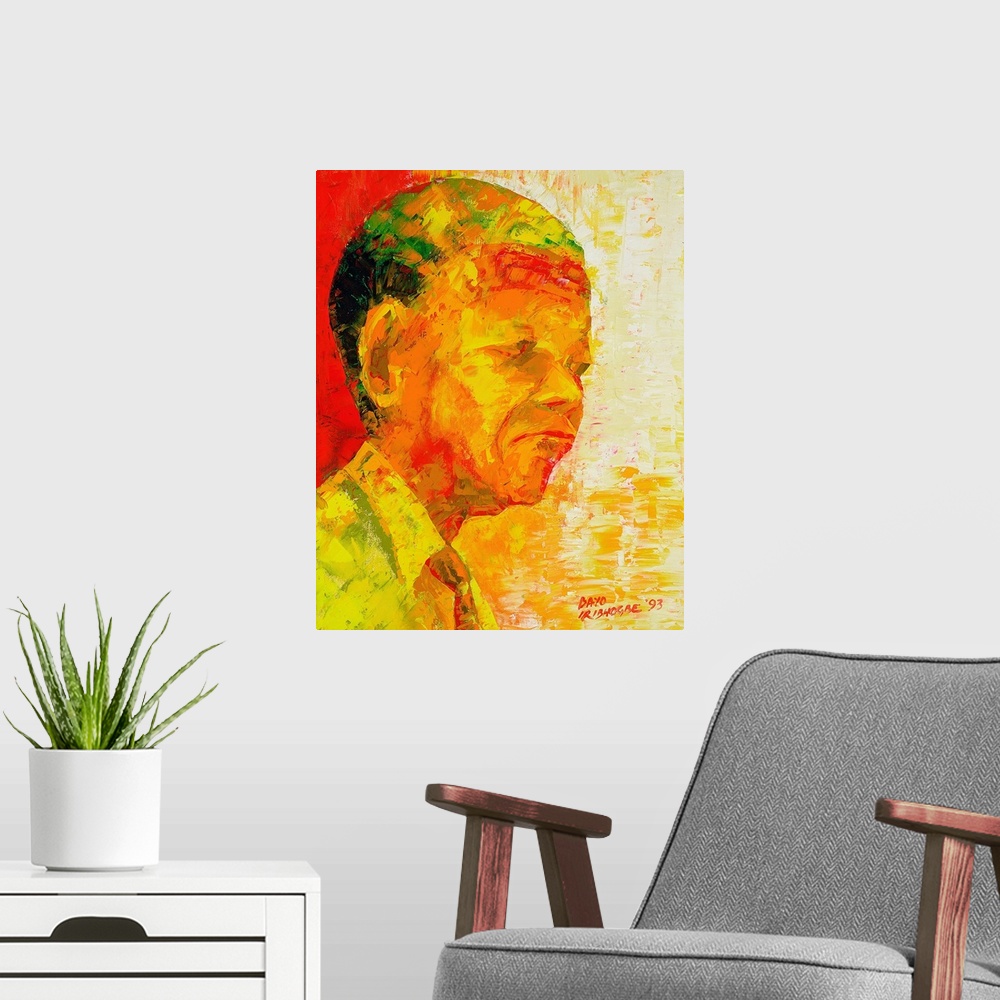 A modern room featuring Abstract painting with large brushstrokes that represents Nelson Mandela.