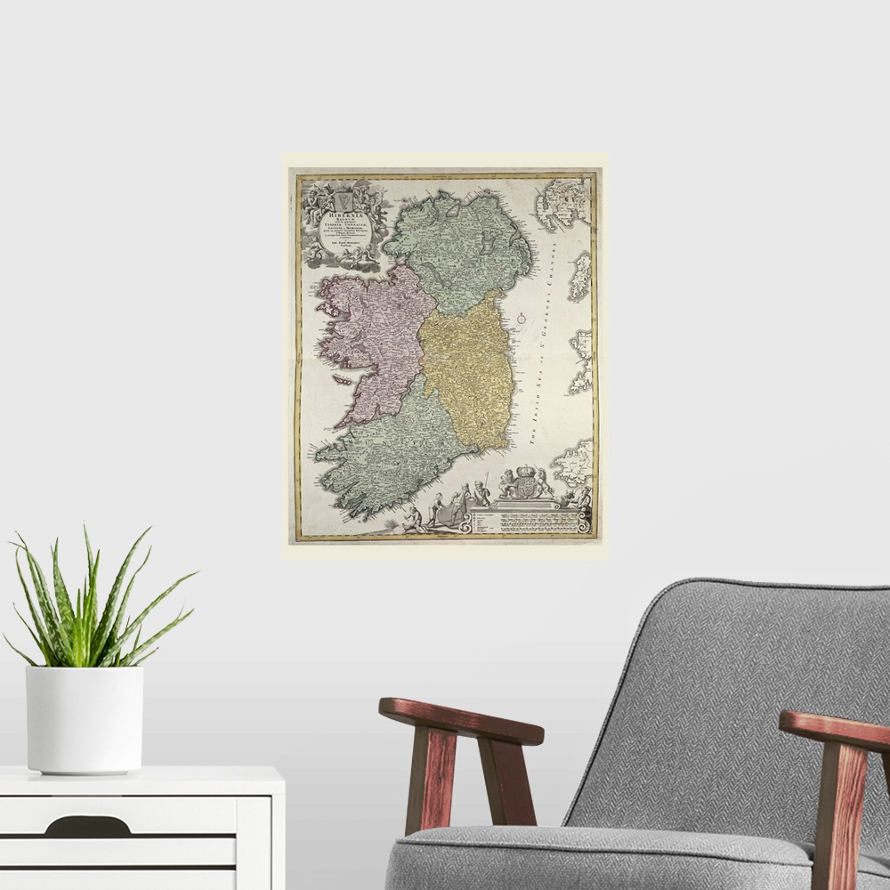 A modern room featuring An antique map of Ireland showing the Provinces of Ulster, Munster, Connaught and Leinster.