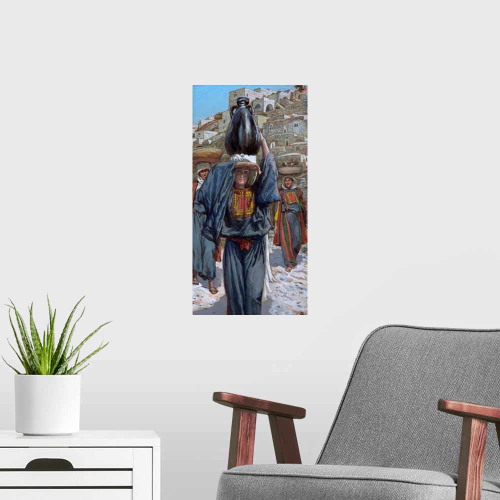 A modern room featuring sister of Mary Magdalene and Lazarus of Bethany; shielding her eyes from the sun; Marthe;