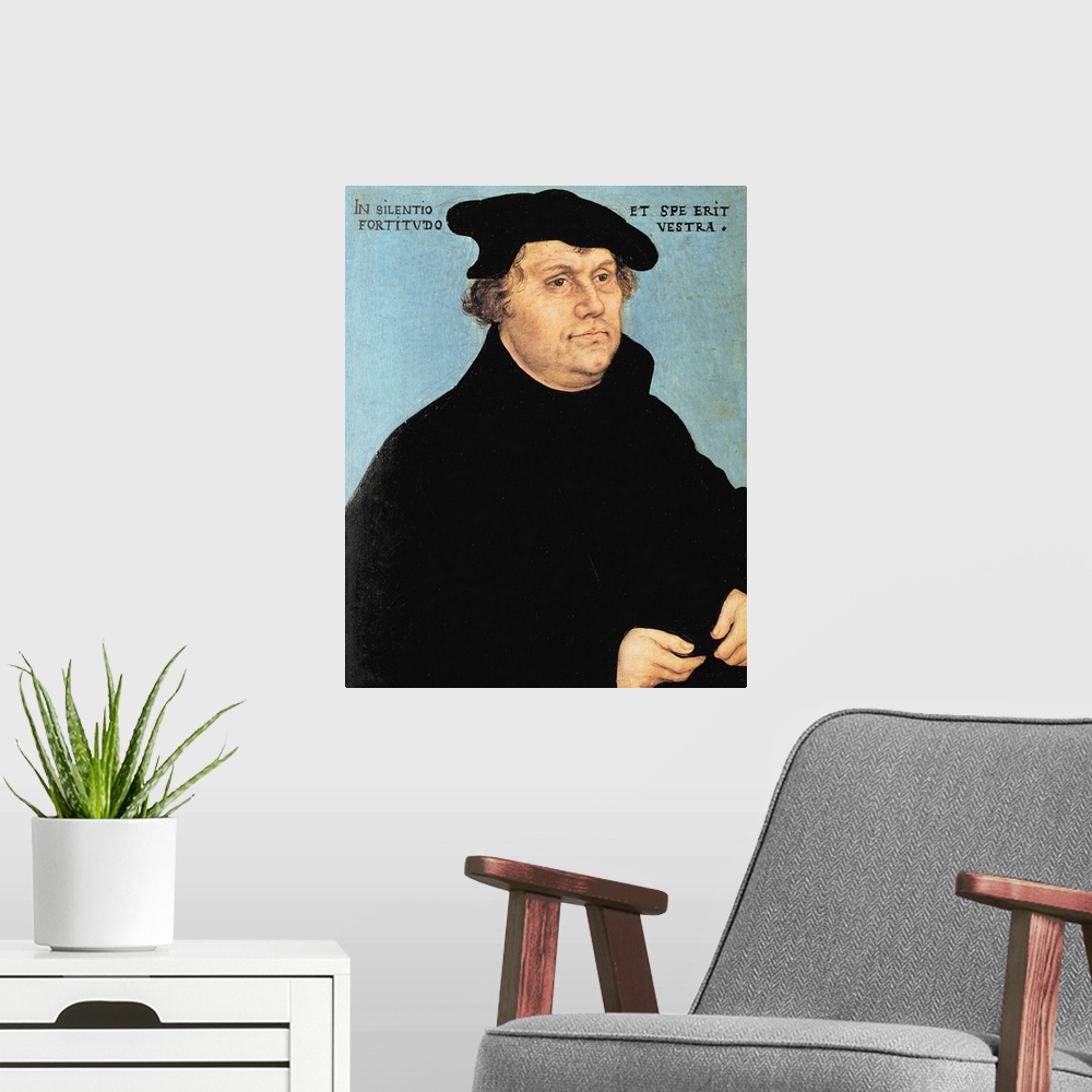 A modern room featuring XPH308460 Martin Luther, c.1532 (oil on panel)  by Cranach, Lucas, the Elder (1472-1553); Museum ...