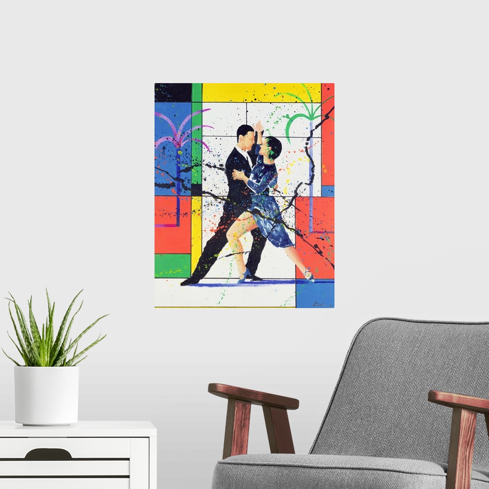 A modern room featuring Contemporary painting of a couple dancing the tango.