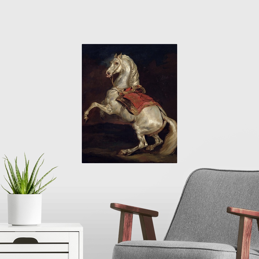 A modern room featuring This classical and historical art work is a vertical French painting depicting a magnificent hors...