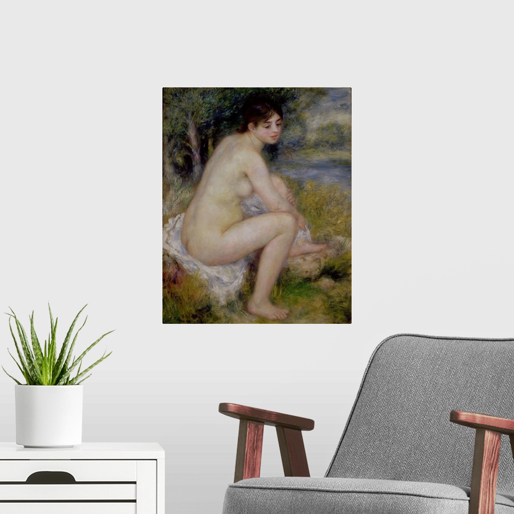 A modern room featuring XIR19114 Nude in a Landscape, 1883 (oil on canvas); by Renoir, Pierre Auguste (1841-1919); 65x52 ...
