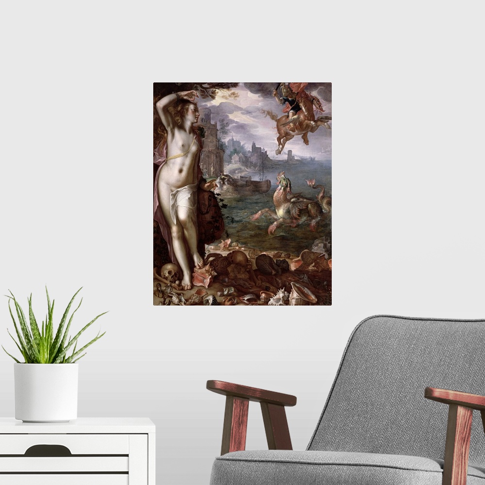 A modern room featuring XIR34884 Perseus Rescuing Andromeda, 1611 (oil on canvas)  by Wtewael or Utewael, Joachim (c.1566...
