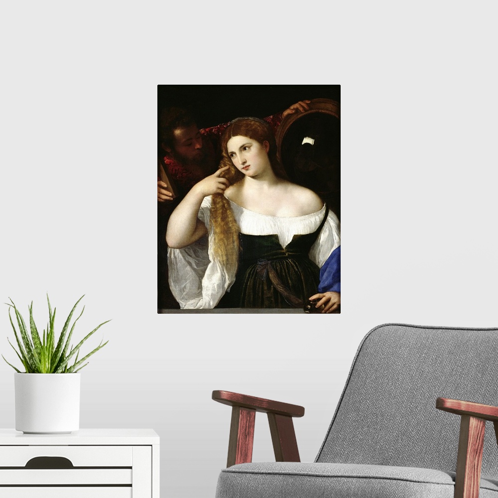 A modern room featuring XIR57328 Portrait of a Woman at her Toilet, 1512-15 (oil on canvas)  by Titian (Tiziano Vecellio)...