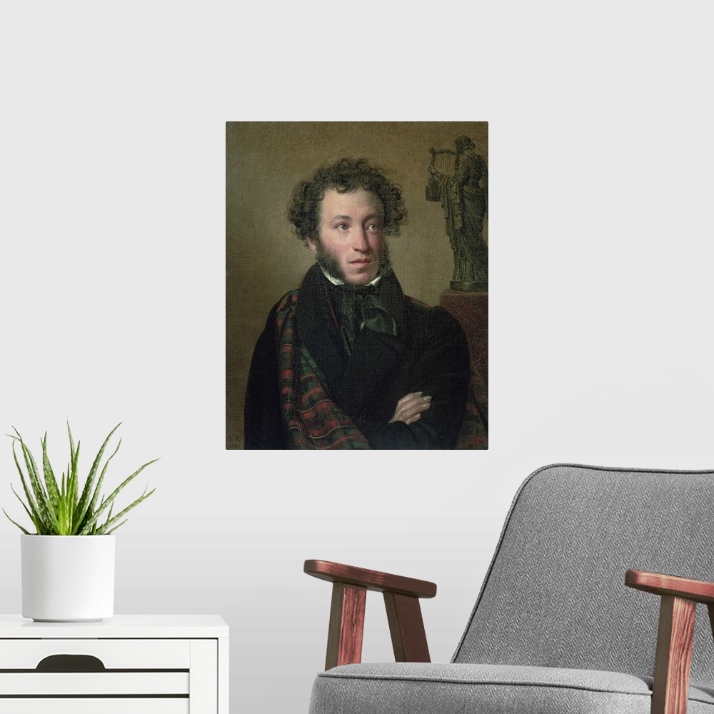 A modern room featuring BAL67571 Portrait of Alexander Pushkin, 1827 (oil on canvas)  by Kiprensky, Orest Adamovich (1778...