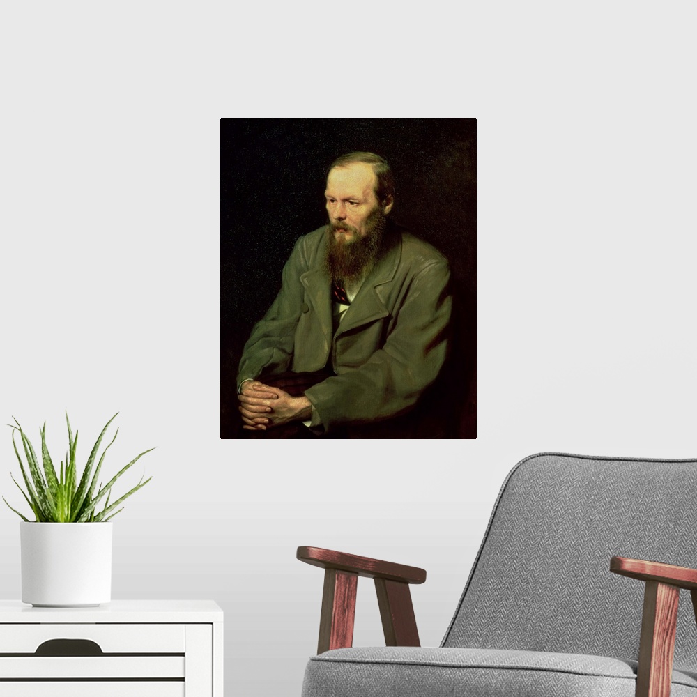 A modern room featuring XIR67923 Portrait of Fyodor Dostoyevsky (1821-81) 1872 (oil on canvas)  by Perov, Vasili Grigorev...