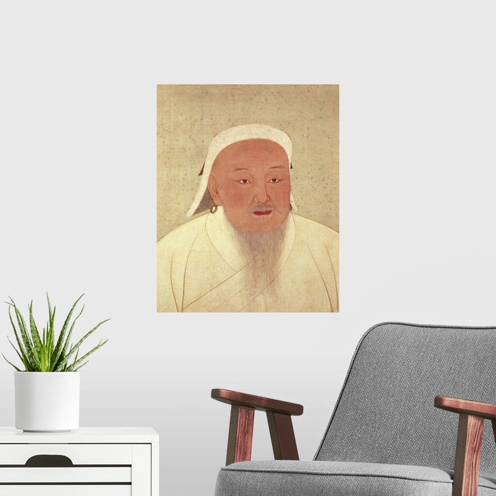 A modern room featuring XTD69948 Portrait of Genghis Khan (c.1162-1227), Mongol Khan, founder of the Imperial Dynasty, th...