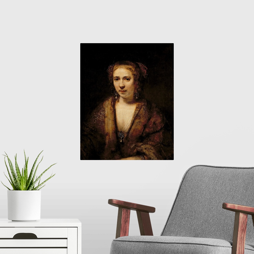 A modern room featuring XIR267680 Portrait of Hendrikje Stoffels (1625-63) (oil on canvas)  by Rembrandt Harmensz. van Ri...