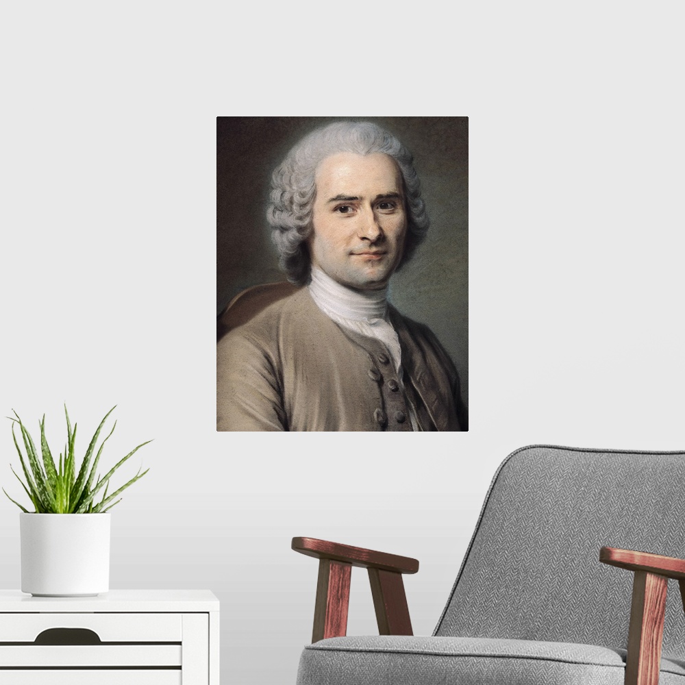 A modern room featuring XIR70897 Portrait of Jean Jacques Rousseau (1712-78) (pastel on paper); by Tour, Maurice Quentin ...