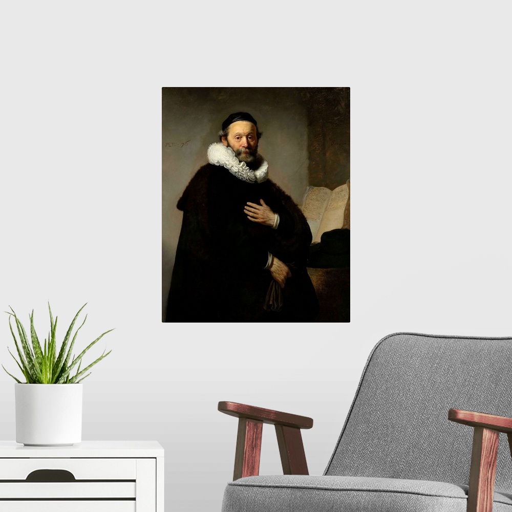 A modern room featuring Painting by Rembrandt of a portrait of Johannes Wtenbogaert.