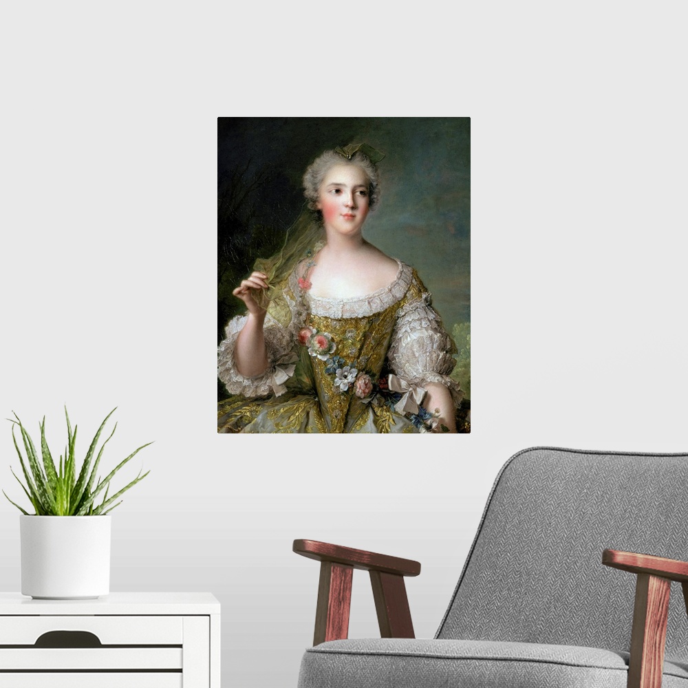 A modern room featuring XIR71490 Portrait of Madame Sophie (1734-82), daughter of Louis XV, at Fontevrault, 1748 (oil on ...
