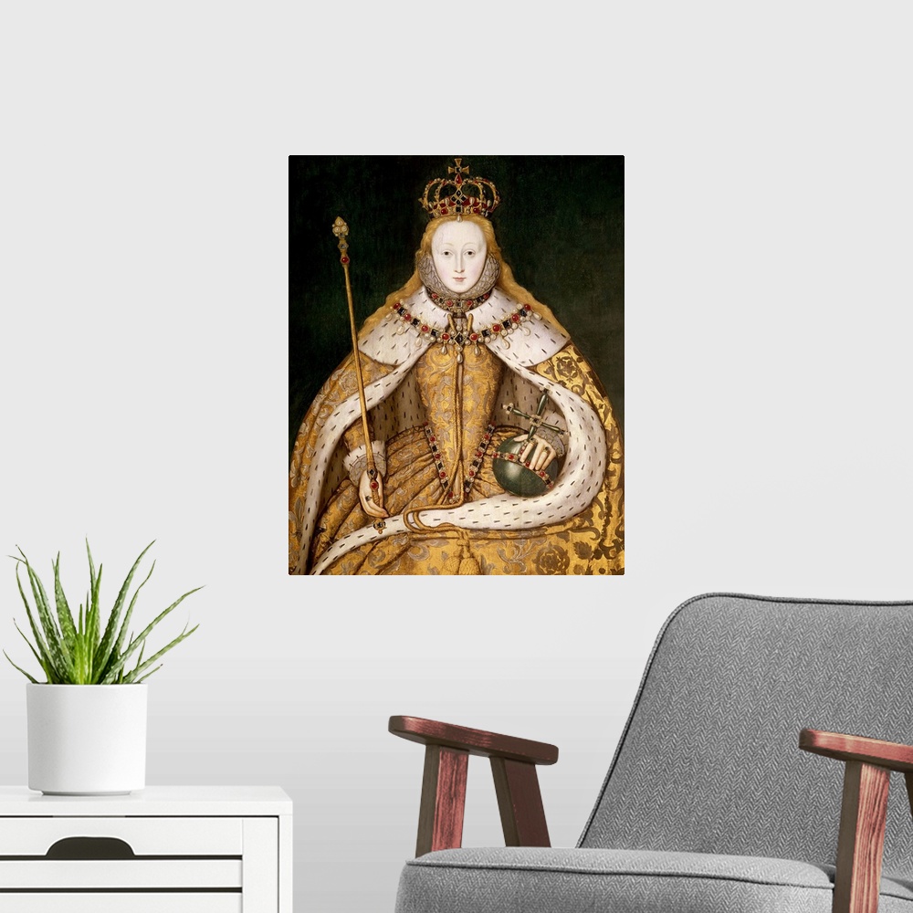 A modern room featuring BAL72707 Queen Elizabeth I in Coronation Robes, c.1559-1600 (oil on panel)  by English School, (1...