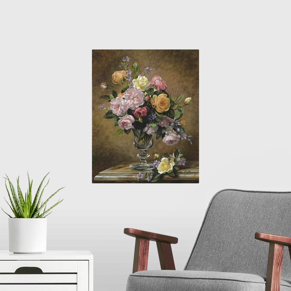 A modern room featuring Roses In A Glass Vase