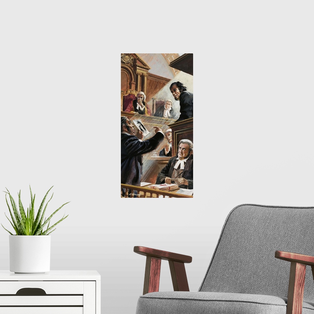 A modern room featuring Scene in Court. Original artwork for Look and Learn (issue yet to be identified).