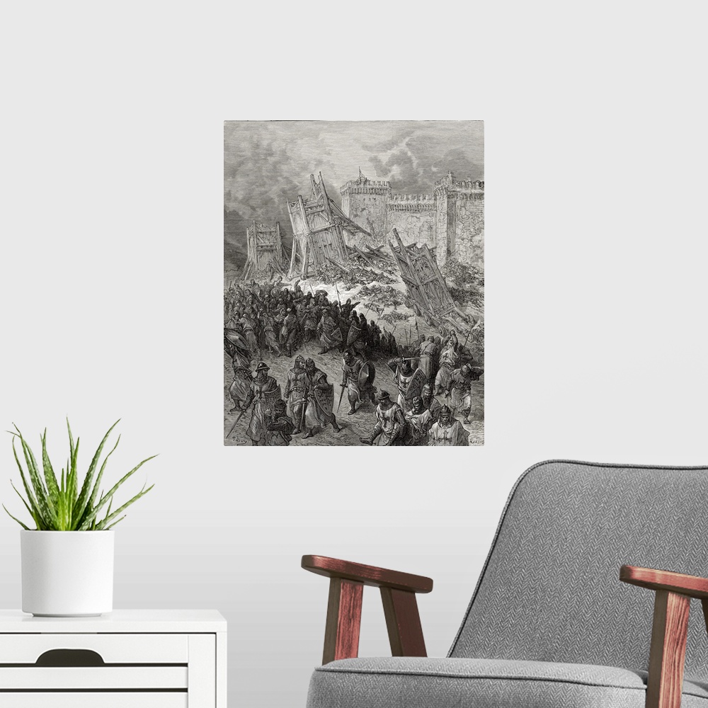 A modern room featuring KW219446 Second assault of Jerusalem by the Crusaders repulsed, illustration from 'Bibliotheque d...
