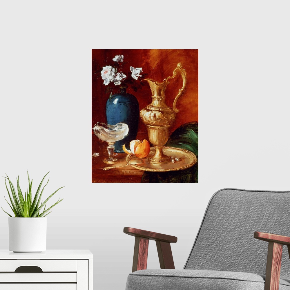 A modern room featuring BAL13222 Still life of a gilt ewer, vase of flowers and a facon de Venise bowl; by Vollon, Antoin...