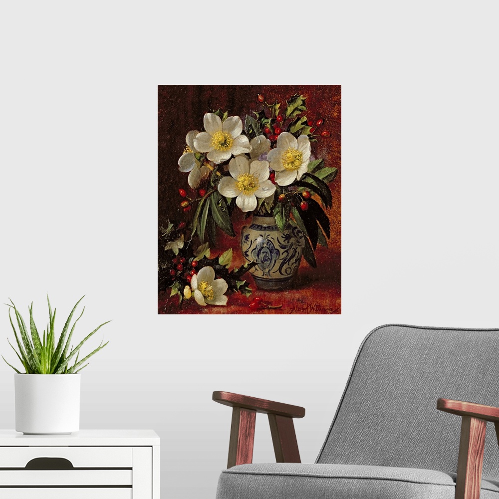 A modern room featuring Still Life of Christmas Roses and Holly