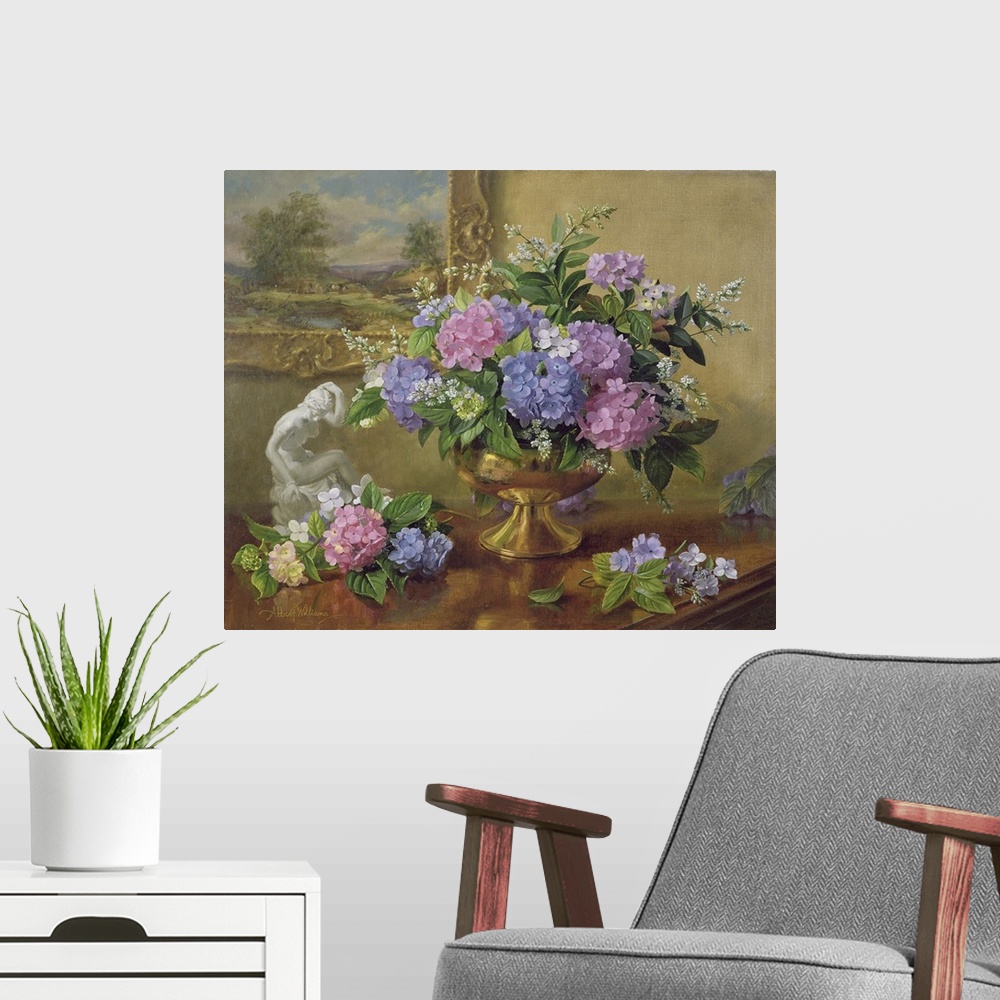 A modern room featuring Still Life Of Hydrangeas And Lilacs