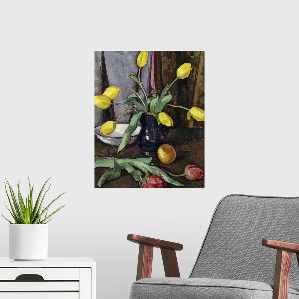 A modern room featuring Still-Life with Tulips
