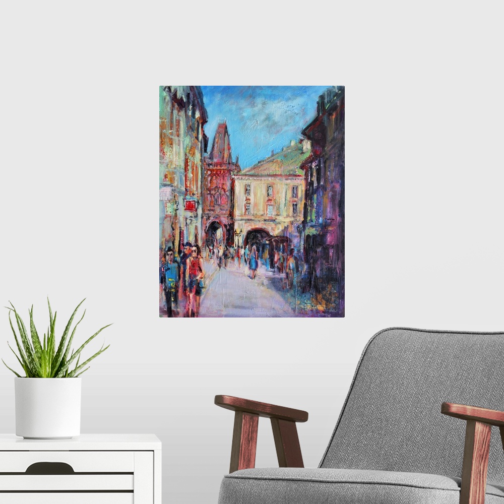 A modern room featuring Contemporary painting of streets of Prague.