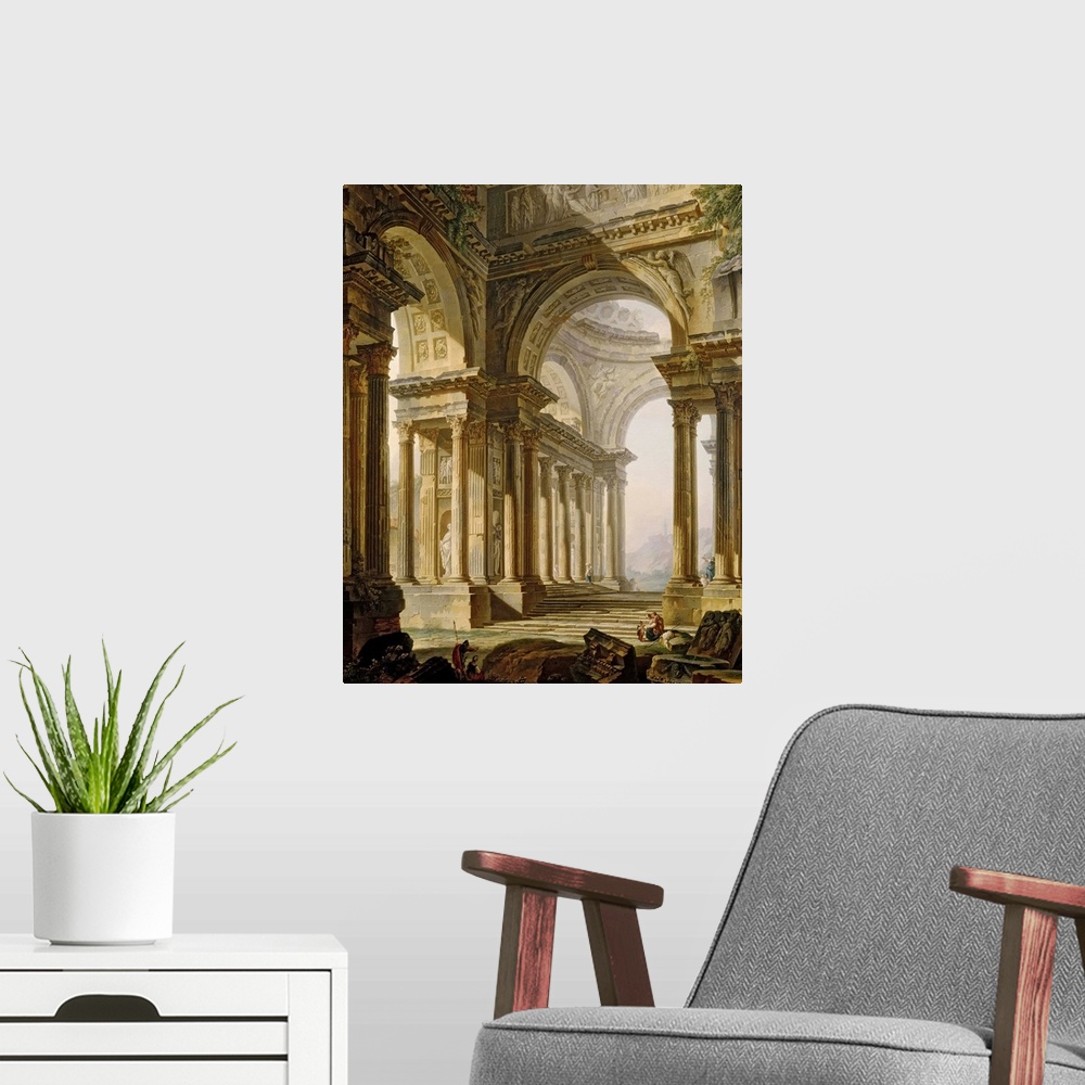 A modern room featuring XIR154108 Temple in Ruins (oil on canvas) by Demachy, Pierre-Antoine (1723-1807); Louvre, Paris, ...