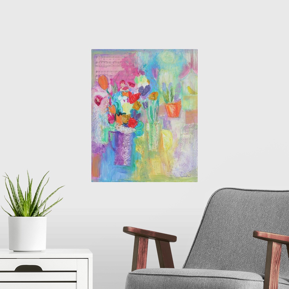 A modern room featuring Contemporary still-life painting using wild vivid colors.