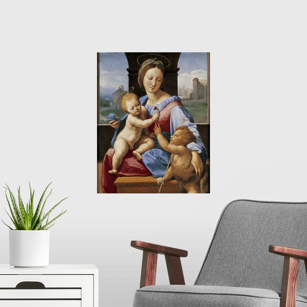 A modern room featuring The Aldobrandini Madonna or The Garvagh Madonna