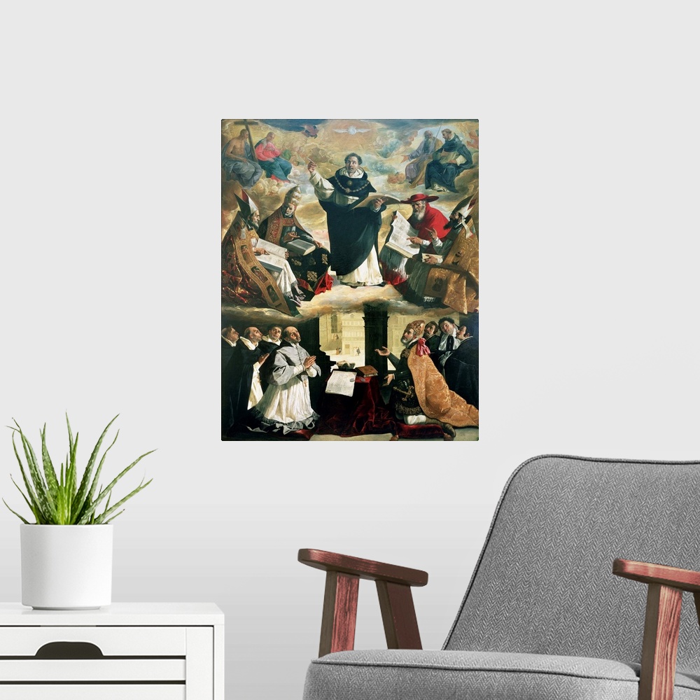A modern room featuring XJL54281 The Apotheosis of St. Thomas Aquinas, 1631 (oil on canvas)  by Zurbaran, Francisco de (1...