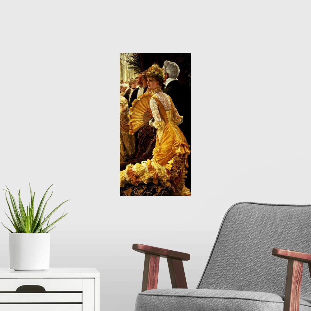 A modern room featuring Vertical, large wall painting of a woman dressed in an elaborate, ruffled gown and headpiece, hol...