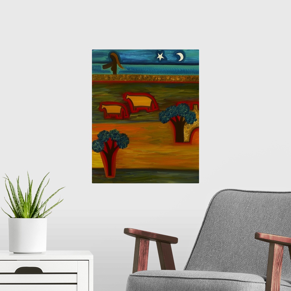 A modern room featuring Contemporary painting of a woman near two cows at night.