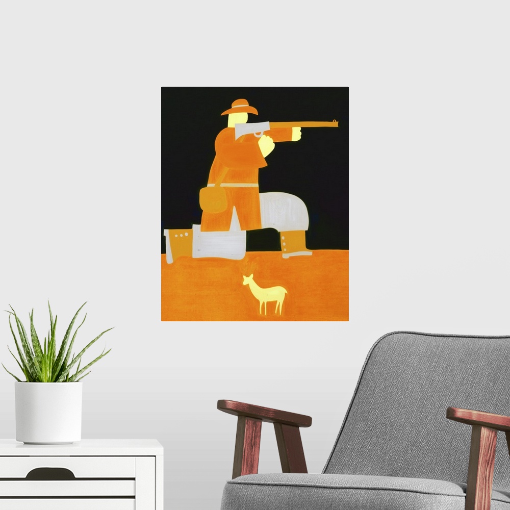 A modern room featuring Contemporary painting of a hunter holding a rifle.