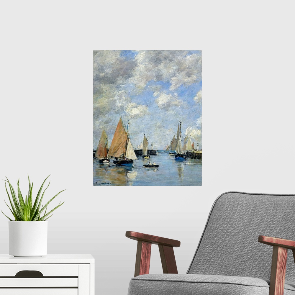 A modern room featuring Painting of boats floating in a harbor with puffy clouds in the sky and a brush like texture over...