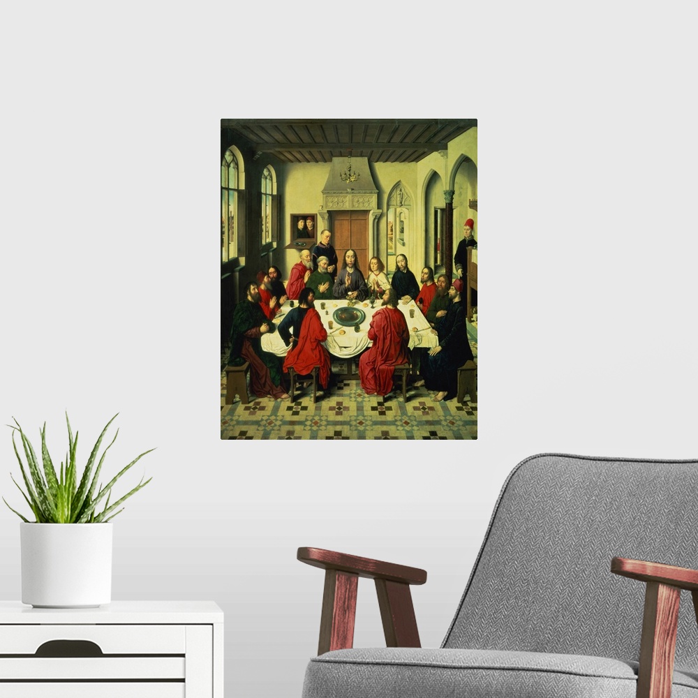 A modern room featuring XIR61314 The Last Supper, central panel from the Altarpiece of the Last Supper, 1464-68 (oil on p...