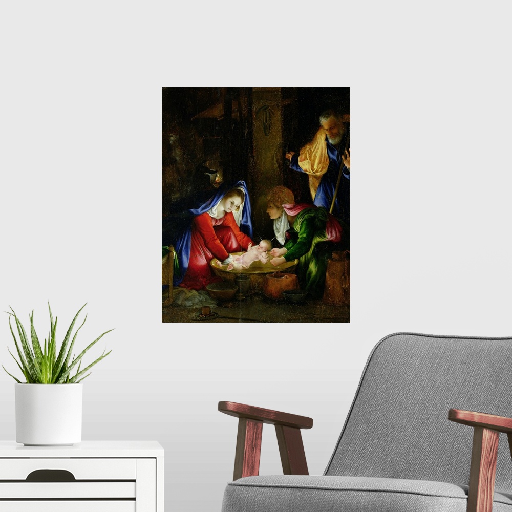 A modern room featuring depicts the story of Mary Salome, one of the midwives, who denied the virginity of Mary and her a...