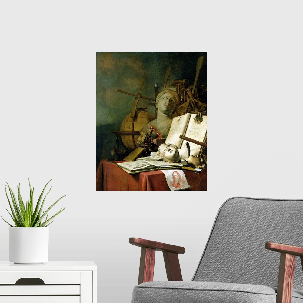 A modern room featuring drawn self portrait of the painter; natural sciences represented by globe and Jacob's staff;