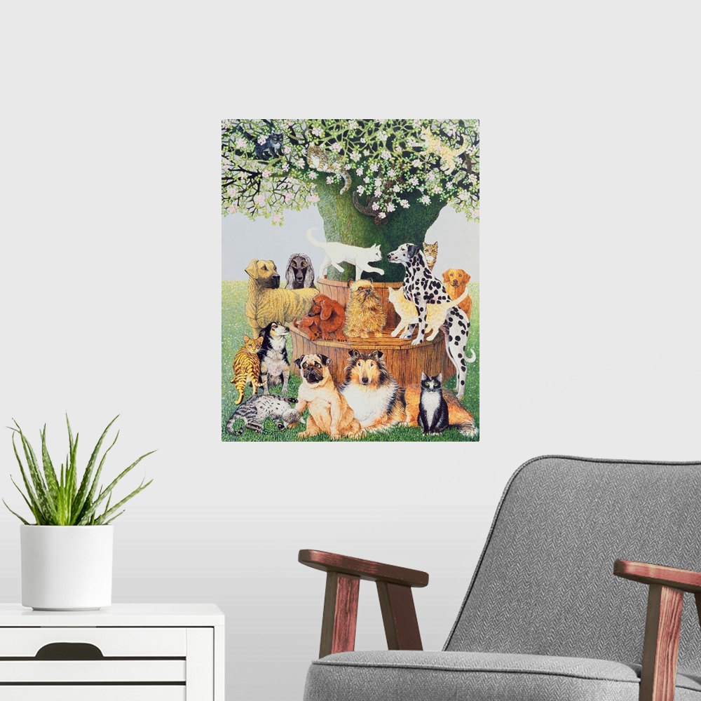 A modern room featuring Contemporary painting of a variety of different dogs and cats around a tree.