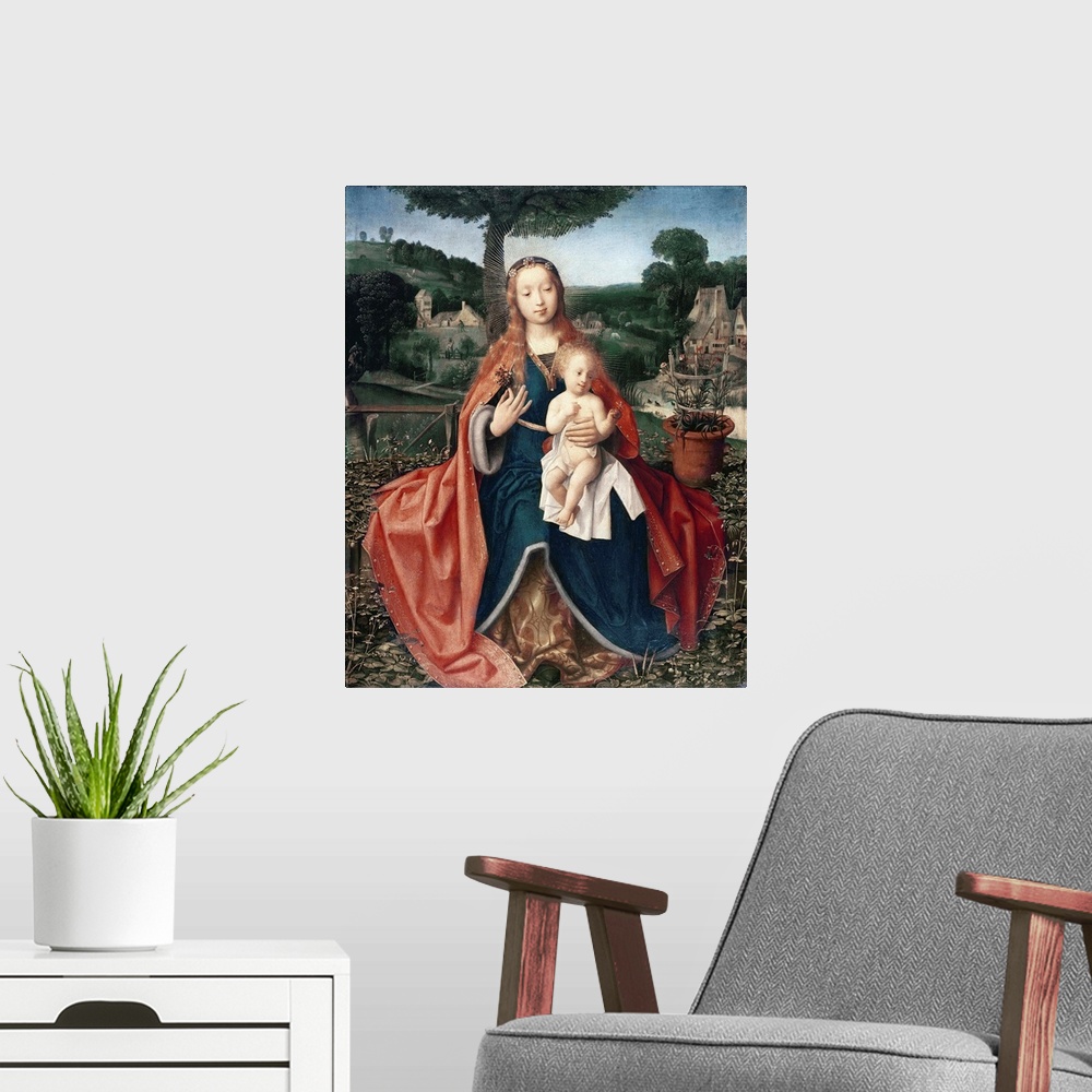 A modern room featuring XCF285114 The Virgin and Child in a Landscape (oil on oak)  by Provoost, Jan (c.1465-1529); 60.2x...